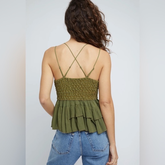 New Free People Adella Olive Sparrow Green Lace Smocked Back Ruffle Layered hem - Picture 2 of 3